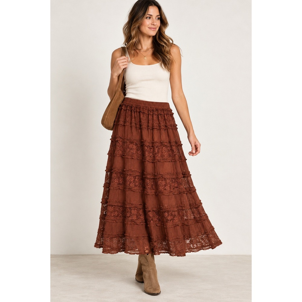 And Now This XL Brown Lace Midi Maxi Skirt Tiered Prairie Boho Cottagecore